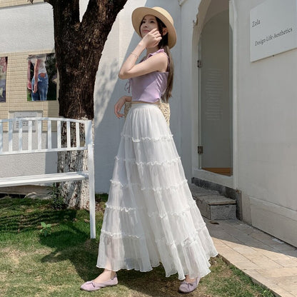 歩くたびにふわり　細見え効果抜群 ハイウエストティアードスカート フリルAライン