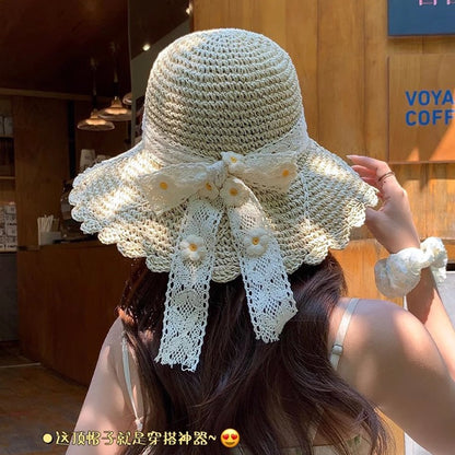 可愛い麦わら帽子 つば広サンハット 折りたたみ可能