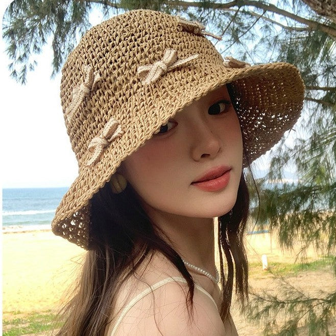 可愛い麦わら帽子 つば広サンハット 折りたたみ可能
